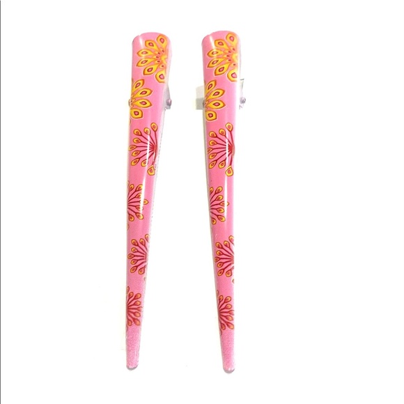 Updo Hair Clips Set of 2 Pink With Yellow Red Peacock Print - Picture 2 of 5